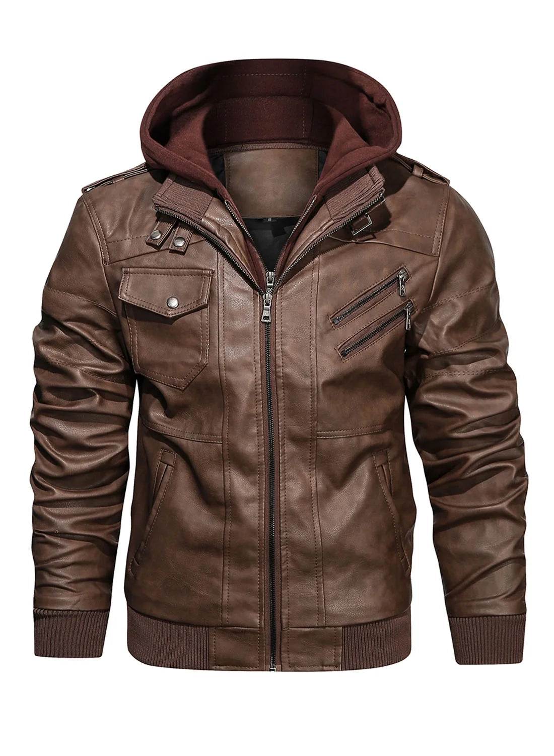 Men'S Pu Faux Leather Jacket with Removable Hood Brown 2XL